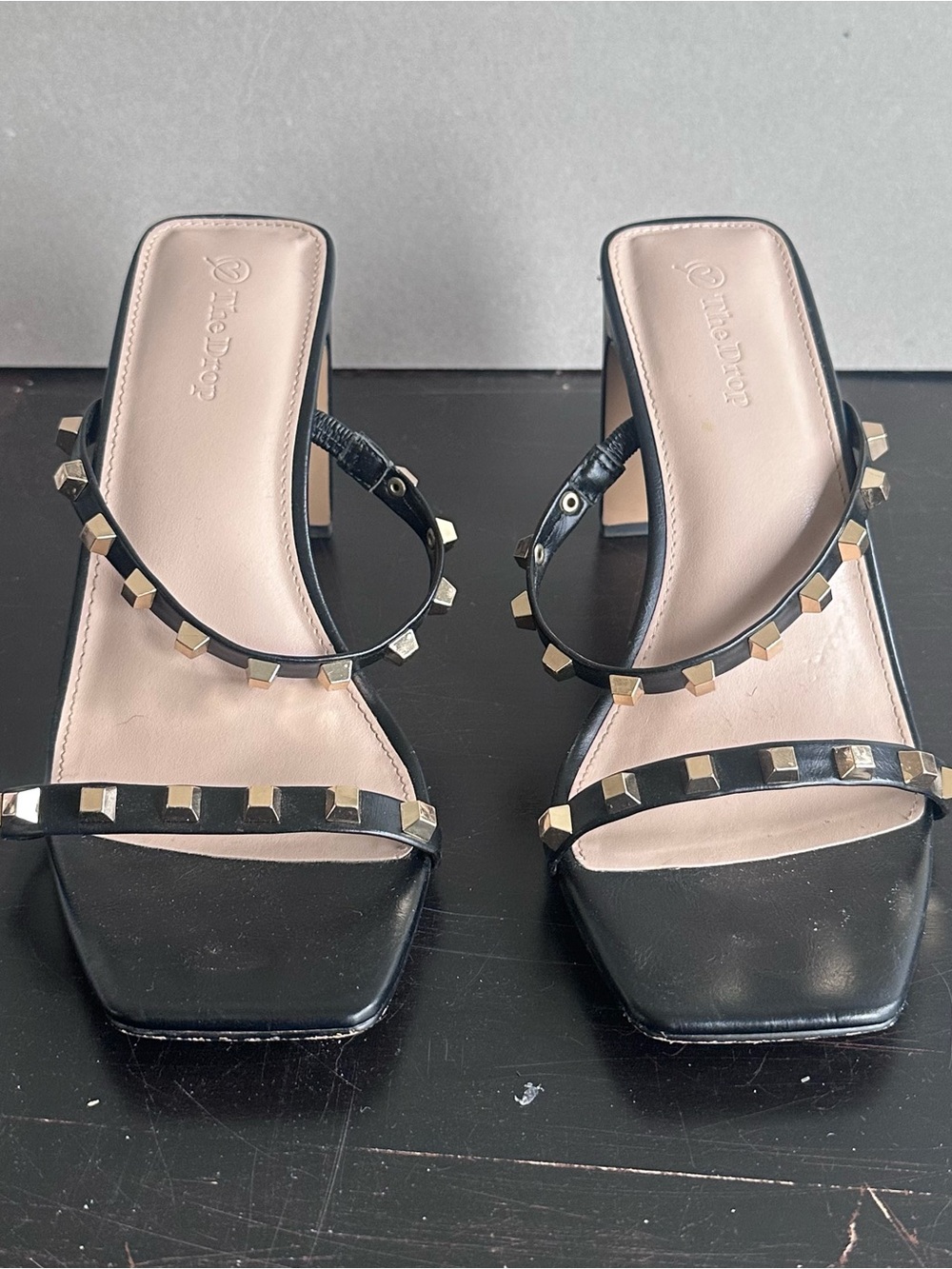 The‎ Drop Women’s Black Studded Heeled Mule Sandals Size 9 Square Toe Slides